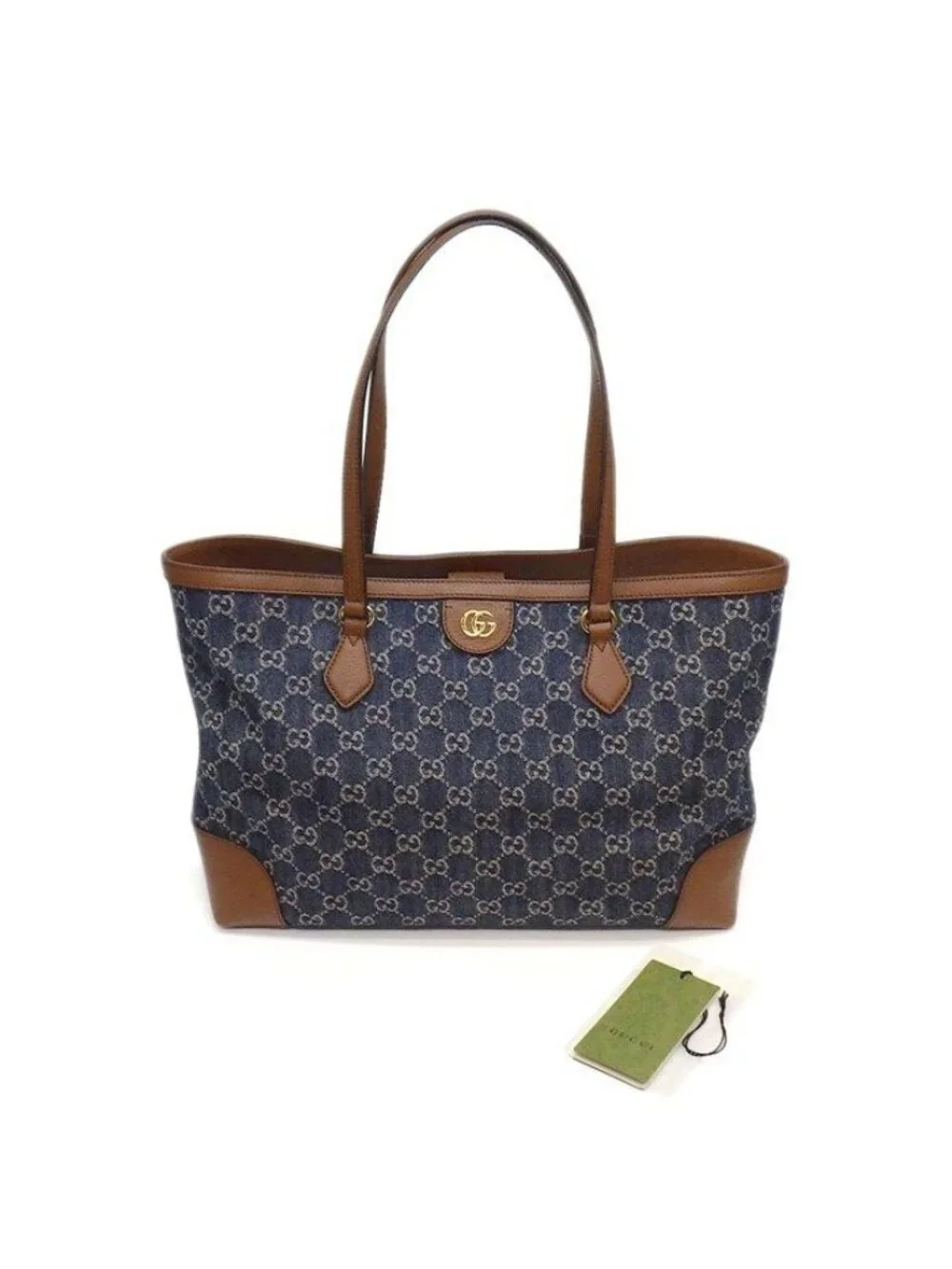 Gucci Tote Bag Ophidia Medium Blue GG Denim Brown Leather Gold